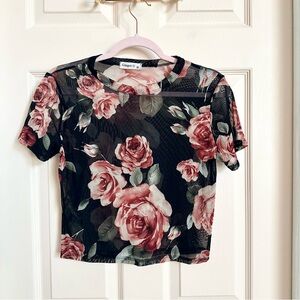 Black mesh rose print crop top